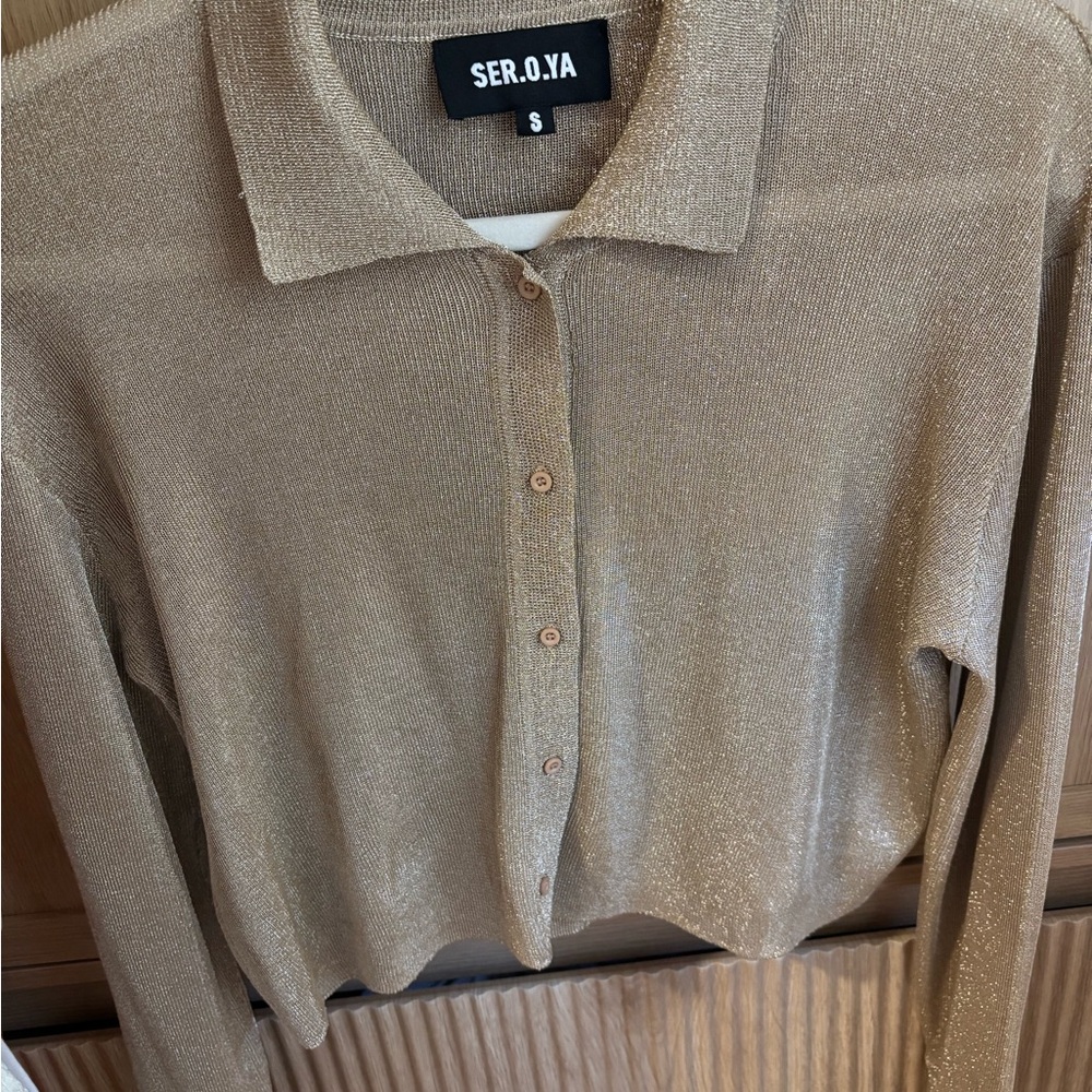 SER.O.YA Gold Shimmer Button-Up Top